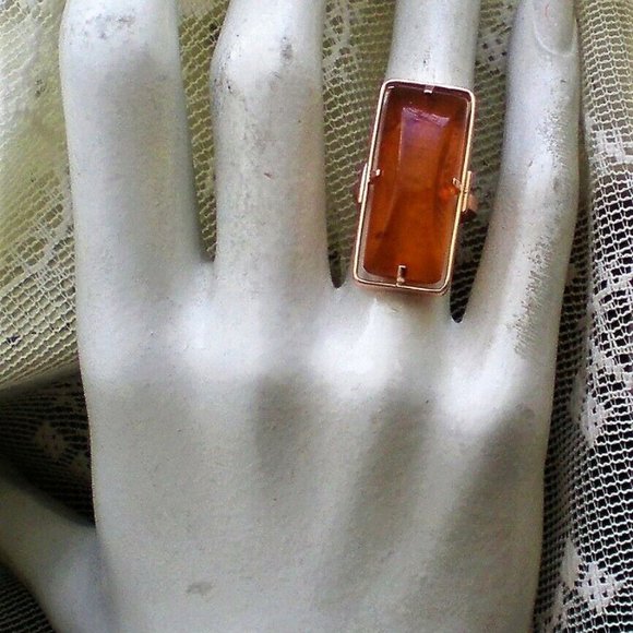 Russian Russia USSR 14K 585 Rose Pink Gold Baltic Honey Amber Cocktail RING - Picture 10 of 11